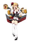  1girl :d alcohol basket beer beer_mug blonde_hair breasts cleavage closed_eyes dirndl german_clothes hat kantai_collection long_hair mary_janes oktoberfest open_mouth pretzel prinz_eugen_(kantai_collection) shoes smile solo tendo_(zhazhatiantong) thigh-highs twintails underbust white_legwear 