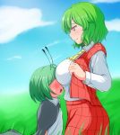  2girls antennae ascot blush breasts cape clouds full-face_blush green_hair head_on_chest height_difference kazami_yuuka large_breasts long_sleeves looking_at_another looking_down multiple_girls open_mouth plaid plaid_skirt plaid_vest profile red_eyes shirt short_hair skirt skirt_set sky smile sweat teikou touhou vest wriggle_nightbug yuri 