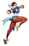  1girl ass bracelet brown_hair bun_cover china_dress chinese_clothes chun-li commentary double_bun eyeshadow fighting_stance highres jewelry makeup pantyhose pelvic_curtain robert_porter shoes short_hair smile sneakers spiked_bracelet spikes street_fighter 