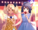  2girls :d alternate_hairstyle animal_ears blonde_hair blue_dress blue_eyes blue_hair blush bow candy_apple cat_ears cellphone curly_hair cyan_(show_by_rock!!) dog_tail dress drill_hair fang festival food fukahire_sanba glasses hair_bow hair_ornament hair_rings hairclip multiple_girls open_mouth orange_eyes phone polka_dot polka_dot_bow retoree show_by_rock!! smartphone smile summer_festival tail twintails 