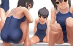  4girls ass back bare_shoulders barefoot black_hair blush brown_eyes closed_eyes competition_school_swimsuit covered_navel eto from_behind hand_on_hip long_hair looking_back multiple_girls one-piece_swimsuit original ponytail school_swimsuit short_hair sitting smile squatting swimsuit wet 