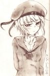  1girl absurdres arm_behind_back blush clothes_writing graphite_(medium) hat highres kantai_collection long_sleeves looking_away milia_simohayha military military_uniform monochrome sailor_collar sailor_dress sailor_hat short_hair simple_background small_breasts solo traditional_media twitter_username uniform upper_body z3_max_schultz_(kantai_collection) 