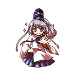  &gt;:) 1girl grey_eyes grey_hair hand_on_hip hat japanese_clothes kariginu long_hair miniskirt mononobe_no_futo outstretched_hand ponytail skirt smile socha solo sparkle tate_eboshi touhou 