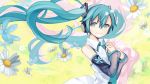  1girl aqua_hair detached_sleeves floating_hair flower green_eyes hands_on_own_chest hatsune_miku headphones highres kari_kenji long_hair necktie see-through solo twintails very_long_hair vocaloid 