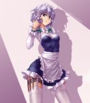  1girl adapted_costume apron blue_eyes bow braid character_name dress ear_piercing garter_straps hair_bow hater_(artist) izayoi_sakuya knife leg_band long_sleeves looking_at_viewer maid_headdress piercing puffy_sleeves short_hair silver_hair smile solo thigh-highs touhou twin_braids waist_apron watch 