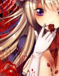  1girl blonde_hair blood blood_in_mouth blood_on_breasts blood_on_hands blurry breasts choker commentary_request depth_of_field dress eating elbow_gloves eyes_visible_through_hair flower fua_yuu gloves large_breasts long_hair looking_at_viewer petals puffy_short_sleeves puffy_sleeves purple_dress ribbon_choker shiny shiny_hair short_sleeves solo spider_lily teeth touhou upper_body very_long_hair violet_eyes white_gloves yakumo_yukari 