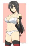  arms_behind_back black_hair bra breasts commentary_request elbow_gloves fingerless_gloves gloves hair_down ikeshita_moyuko kantai_collection large_breasts long_sleeves looking_at_viewer nagato_(kantai_collection) panties red_eyes thigh-highs underwear white_bra white_panties 