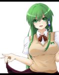  1girl alternate_costume breasts frog_print green_eyes green_hair hinagami kochiya_sanae large_breasts letterboxed lifted_by_self long_sleeves looking_at_viewer open_mouth plaid plaid_skirt school_uniform shirt skirt skirt_lift smile solo sweater_vest touhou 