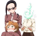  2girls black_eyes black_hair blush brown_hair character_request demi-chan_wa_kataritai dullahan flying_sweatdrops glasses green_eyes hair_over_shoulder highres looking_at_another multiple_girls on_lap pants petting ruisu sitting sweat track_jacket track_pants 