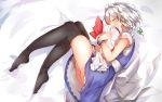  1girl apron ass black_legwear blush bow braid closed_eyes dress full_body hair_bow hair_ornament hat hat_ribbon izayoi_sakuya lying maid_headdress mob_cap on_bed on_side ribbon short_hair short_sleeves silver_hair solo thigh-highs touhou twin_braids waist_apron wrist_cuffs yukizumi_remon 