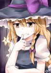  1girl biting blonde_hair bow braid hat kirisame_marisa mmrailgun nail_biting puffy_sleeves short_sleeves solo star touhou witch_hat yellow_eyes 