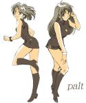  2girls bare_shoulders boots brown_hair dress earrings green_eyes jewelry knee_boots long_hair looking_at_viewer looking_back multiple_girls naonao77 open_mouth original short_dress short_hair simple_background skirt sleeveless smile white_background 