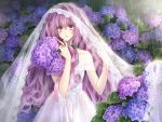  1girl bare_shoulders bouquet bridal_veil bride dress flower hagiwara_rin hydrangea jewelry long_hair looking_at_viewer original puffy_sleeves rain ring sash solo veil very_long_hair violet_eyes wedding_dress white_dress 