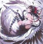  1girl akemi_homura akuma_homura argyle argyle_legwear backlighting black_gloves black_hair black_wings bow dress elbow_gloves feathers finger_to_chin floating_hair gears gloves hair_bow hair_ribbon long_hair looking_at_viewer mahou_shoujo_madoka_magica purple_hair repi987 ribbon smile solo soul_gem thigh-highs very_long_hair violet_eyes wings 