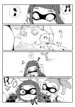  ! 1boy 1girl beamed_semiquavers blush closed_eyes comic commentary_request domino_mask drawing hand_on_own_face heart highres inkling long_hair mask monochrome musical_note open_mouth paper pen pointy_ears quaver sayo25 short_hair silent_comic sitting smile smirk splatoon surprised topknot translated walking 