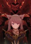  1girl animal_ears bangs book brown_hair cat_ears commentary_request dragon facial_tattoo final_fantasy final_fantasy_xiv heterochromia highres holding holding_book ifrit_(final_fantasy) long_hair long_sleeves looking_at_viewer miqo&#039;te momehara red smile smirk summoner_(final_fantasy) swept_bangs tattoo 