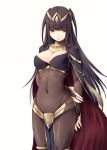  1girl black_hair bodysuit bracelet breasts bridal_gauntlets cape cleavage fire_emblem fire_emblem:_kakusei jewelry kirishima_satoshi long_hair solo tharja tiara two_side_up 