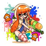  1girl blush_stickers container domino_mask fang holding hoodie inkling jacket kneeling long_hair looking_at_viewer mask open_clothes open_jacket open_mouth orange_eyes orange_hair paint_splatter school_swimsuit shiodome_oji shoes smile sneakers solo splatoon squid striped striped_legwear super_soaker swimsuit tentacle_hair thigh-highs wristband 