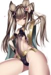  1girl ;) \m/ animal_ears bangs blush breasts brown_eyes cat_ears cleavage covered_navel cowboy_shot granblue_fantasy grin hair_ornament hand_on_hip heart leotard light_brown_hair long_hair long_sleeves looking_at_viewer metella_(granblue_fantasy) midriff nenemaru one_eye_closed ribs see-through sidelocks simple_background small_breasts smile solo thighs tsurime twintails white_background 