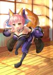  1girl absurdres animal_ears bare_shoulders bow breasts caster_(fate/extra) cleavage detached_sleeves fang fate/extra fate_(series) fox_ears fox_tail hair_bow hair_ribbon highres japanese_clothes long_hair open_mouth pink_hair ribbon solo tail thigh-highs twintails yellow_eyes 