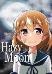  1girl absurdres bandaid bandaid_on_face brown_eyes brown_hair clouds comic cover cover_page doujin_cover doujinshi full_moon highres ishimari kantai_collection looking_at_viewer moon oboro_(kantai_collection) orange_hair school_uniform serafuku short_hair smile solo upper_body 