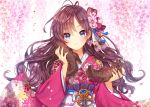  1girl blue_eyes boots brown_hair flower gabe_(seelunto) hair_flower hair_ornament highres holding holding_shoes ichinose_shiki idolmaster idolmaster_cinderella_girls japanese_clothes kimono long_hair looking_at_viewer shoes shoes_removed smile solo 