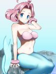  1girl bandeau blue_eyes breasts densetsu_no_stafy jewelry looking_at_viewer mermaid monster_girl navel pink_hair short_hair sitting smile solo tamatama_(nekokalpis) 