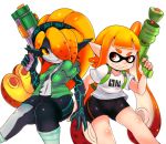  2girls bike_shorts domino_mask fangs imp inkling long_hair mask mato_spectoru midna multiple_girls pointy_ears red_eyes smile splatoon super_soaker tentacle_hair the_legend_of_zelda the_legend_of_zelda:_twilight_princess 