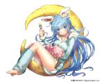  1girl animal_ears barefoot blue_eyes blue_hair blush company_name copyright_name crescent_moon dango food hood long_hair long_sleeves moon moon_rabbit official_art rabbit_ears sangoku_infinity sanshoku_dango simple_background solo wagashi white_background yan&#039;yo_(yan&#039;yan&#039;yo) 