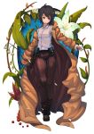  ahoge belt black_boots black_hair boots flower jacket kino kino_no_tabi lily_of_the_valley oversized_clothes plant pouch short_hair solo vococo 