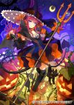  1girl bat bat_wings black_cat black_legwear blue_eyes cat crescent_moon detached_sleeves earrings fang fate/extra fate/extra_ccc fate/grand_order fate_(series) ghost hair_ribbon halloween halloween_costume hat highres horns jack-o&#039;-lantern jewelry lancer_(fate/extra_ccc) long_hair moon official_art pink_hair pointy_ears pumpkin ribbon tail thigh-highs wada_aruko wings witch_hat 
