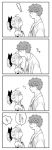  1boy 1girl ahoge bow cloak emiya_shirou fate/grand_order fate_(series) forehead_kiss hair_bow kiss monochrome muneate naka_(sm6130) older ponytail saber saber_lily smile sweatdrop translated younger 