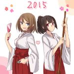  2015 2girls alternate_hairstyle black_hair blue_eyes broom brown_hair choukai_(kantai_collection) commentary_request glasses hair_bun hair_ornament hakama hand_mirror highres hollomaru japanese_clothes kantai_collection maya_(kantai_collection) miko mirror multiple_girls red_eyes short_hair 