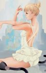  1girl amputee ballet blonde_hair green_eyes highres ibarazaki_emi ichigo_milku katawa_shoujo prosthesis prosthetic_leg solo thighs 