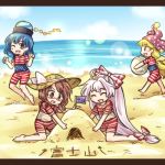  4girls american_flag beach blonde_hair blue_eyes blue_hair blue_sky bow brown_eyes brown_hair chain clownpiece flag fujiwara_no_mokou glasses hair_bow hair_ribbon hat hecatia_lapislazuli jester_cap kneeling long_hair lowres moon motoori_kosuzu motoori_kosuzu_(cosplay) multiple_girls ocean one_eye_closed open_mouth pote_(ptkan) red-framed_glasses ribbon sand_castle sand_sculpture silver_hair sky smile straw_hat swimsuit touhou translation_request tress_ribbon usami_sumireko very_long_hair 