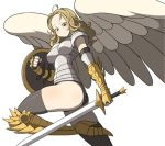  1girl armor black_legwear blonde_hair blue_eyes blush elbow_gloves gauntlets gloves ken_(koala) leotard long_hair looking_at_viewer magic:_the_gathering shield simple_background sword thigh-highs weapon wings 