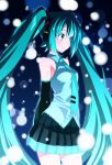 1girl absurdres aqua_eyes aqua_hair arms_behind_back bare_shoulders detached_sleeves from_side hatsune_miku headset highres long_hair necktie pleated_skirt ruisu sata_cable skirt smile solo twintails very_long_hair vocaloid 