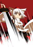 &gt;:( 1girl animal_ears detached_sleeves drawing_sword hat inubashiri_momiji looking_at_viewer looking_down moja4192 pom_pom_(clothes) red_eyes ribbon-trimmed_sleeves ribbon_trim serious short_hair silver_hair solo sword tokin_hat touhou weapon wolf_ears 