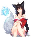  1girl ahri animal_ears bare_shoulders black_hair braid breasts cleavage crossed_legs fox_ears fox_tail haru_ato highres large_breasts league_of_legends legs long_hair multiple_tails orb signature sitting slit_pupils solo tail whisker_markings yellow_eyes 