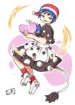  1girl blob blue_eyes blue_hair book doremy_sweet dress hat kapiten70 nightcap open_mouth pom_pom_(clothes) short_hair short_sleeves smile socks solo tail touhou 