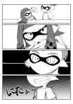  1boy 1girl ? angry blush comic domino_mask highres inkling long_hair mask monochrome open_mouth pointy_ears sayo25 short_hair silent_comic sitting smirk splatoon standing topknot translated tsundere 