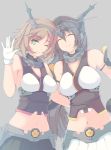  2girls \||/ arm_around_back arm_around_waist bare_shoulders black_hair blush breasts brown_hair cat&#039;s_hand cleavage closed_eyes elbow_gloves gloves green_eyes grey_background hairband headband headgear kantai_collection large_breasts light_smile long_hair looking_at_viewer midriff miniskirt multiple_girls mutsu_(kantai_collection) nagato_(kantai_collection) navel one_eye_closed pleated_skirt short_hair simple_background skirt sleeveless smile waving 