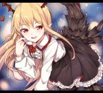  1girl :d black_legwear blonde_hair blush dress fang granblue_fantasy haruyuki_(yukichasoba) long_hair looking_at_viewer open_mouth pointy_ears red_eyes smile solo thigh-highs vampy 