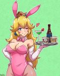  1girl akairiot animal_ears artist_name blonde_hair blue_eyes bottle bunny_tail bunnysuit cocktail_glass crown cup detached_collar drinking_glass earrings elbow_gloves fishnet_pantyhose fishnets glass gloves green_background hand_on_hip heart highres jewelry long_hair super_mario_bros. one_eye_closed pantyhose princess_peach rabbit_ears smile solo tail tray 