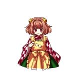  1girl apron bell blush checkered clothes_writing glasses glasses_removed hair_bell hair_intakes hair_ornament japanese_clothes kimono looking_at_viewer motoori_kosuzu red_eyes redhead round_glasses short_hair skirt smile socha solo touhou 