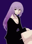  1girl bangs black_suit breasts cleavage collarbone crossed_legs formal higurashi_no_naku_koro_ni light_smile long_hair looking_at_viewer neck nomura_(higurashi) purple_background purple_hair simple_background sitting skirt_suit suit thighs yanagihara_tantoui 