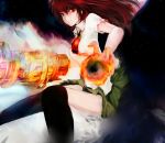  1girl arm_cannon black_legwear brown_eyes brown_hair dyolf energy_ball long_hair looking_at_viewer over-kneehighs reiuji_utsuho shirt skirt smile solo thigh-highs third_eye touhou weapon zettai_ryouiki 