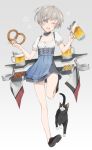  1girl ;d alternate_costume apron beer_mug cat collarbone dirndl german_clothes grey_eyes grey_hair hayashi_kewi kantai_collection machinery one_eye_closed open_mouth pretzel puffy_short_sleeves puffy_sleeves short_hair short_sleeves silver_hair smile solo standing_on_one_leg tray unsinkable_sam waist_apron z1_leberecht_maass_(kantai_collection) 