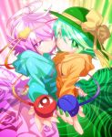  2girls adapted_costume ahoge alternate_costume blush breast_press eyeball floral_print green_eyes green_hair hat hat_ribbon heart hoodie komeiji_koishi komeiji_satori long_sleeves looking_at_viewer multiple_girls nail_polish open_mouth outstretched_arm purple_hair ribbon saodake short_hair siblings sisters skirt smile string symmetrical_docking third_eye touhou violet_eyes 