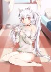  1girl animal_ears bed cat_ears collar curtains long_hair pillow red_eyes side_ponytail sitting smile solo sweater thigh-highs tsuka very_long_hair white_hair window 